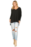 Brushed Waffle V Neck Long Sleeve Side Slit Top Black - Pack of 6