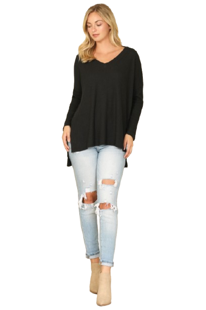 Brushed Waffle V Neck Long Sleeve Side Slit Top Black - Pack of 6
