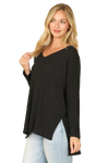 Brushed Waffle V Neck Long Sleeve Side Slit Top Black - Pack of 6