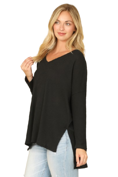 Brushed Waffle V Neck Long Sleeve Side Slit Top Black - Pack of 6