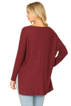 Brushed Waffle V Neck Long Sleeve Side Slit Top Burgundy - Pack of 6