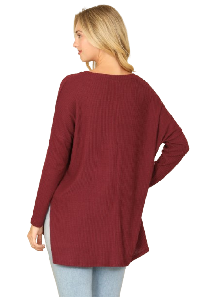 Brushed Waffle V Neck Long Sleeve Side Slit Top Burgundy - Pack of 6