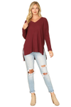 Brushed Waffle V Neck Long Sleeve Side Slit Top Burgundy - Pack of 6