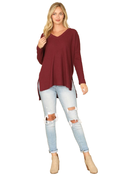 Brushed Waffle V Neck Long Sleeve Side Slit Top Burgundy - Pack of 6