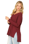 Brushed Waffle V Neck Long Sleeve Side Slit Top Burgundy - Pack of 6