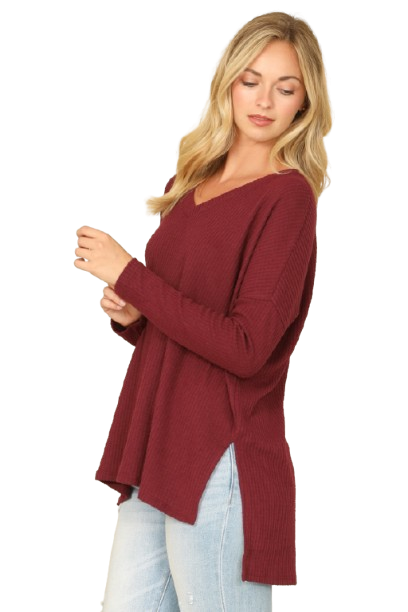 Brushed Waffle V Neck Long Sleeve Side Slit Top Burgundy - Pack of 6