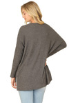 Brushed Waffle V Neck Long Sleeve Side Slit Top Charcoal 2Tone - Pack of 6