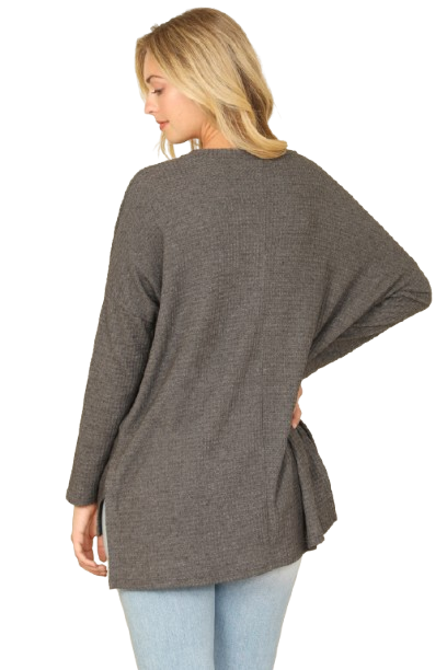 Brushed Waffle V Neck Long Sleeve Side Slit Top Charcoal 2Tone - Pack of 6
