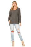 Brushed Waffle V Neck Long Sleeve Side Slit Top Charcoal 2Tone - Pack of 6