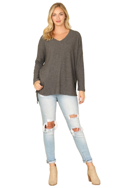 Brushed Waffle V Neck Long Sleeve Side Slit Top Charcoal 2Tone - Pack of 6