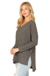 Brushed Waffle V Neck Long Sleeve Side Slit Top Charcoal 2Tone - Pack of 6