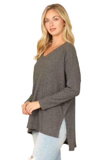 Brushed Waffle V Neck Long Sleeve Side Slit Top Charcoal 2Tone - Pack of 6