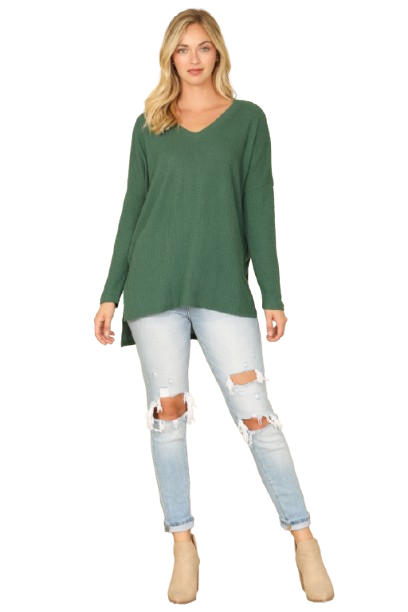 Brushed Waffle V Neck Long Sleeve Side Slit Top Hunter Green - Pack of 6