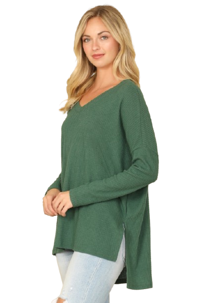 Brushed Waffle V Neck Long Sleeve Side Slit Top Hunter Green - Pack of 6