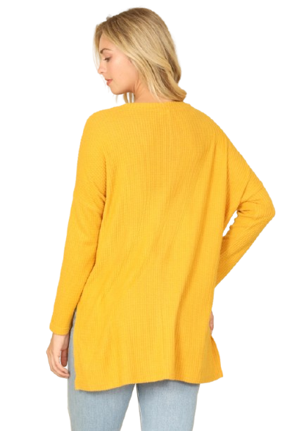 Brushed Waffle V Neck Long Sleeve Side Slit Top Mustard - Pack of 6