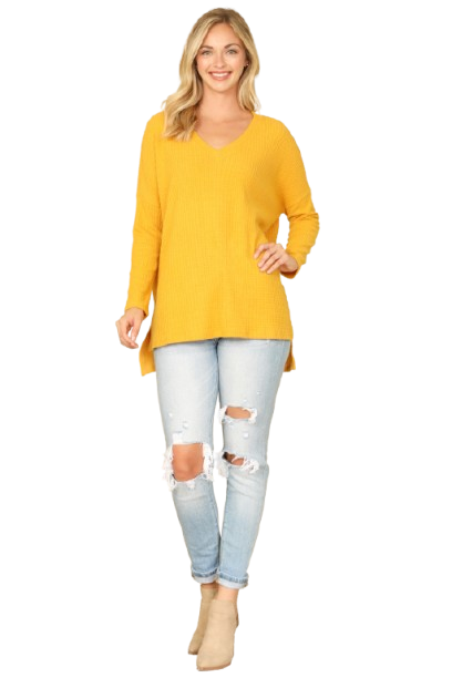 Brushed Waffle V Neck Long Sleeve Side Slit Top Mustard - Pack of 6