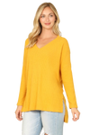 Brushed Waffle V Neck Long Sleeve Side Slit Top Mustard - Pack of 6