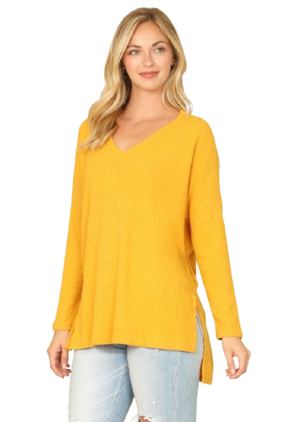 Brushed Waffle V Neck Long Sleeve Side Slit Top Mustard - Pack of 6