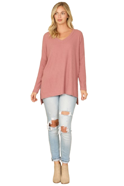 Brushed Waffle V Neck Long Sleeve Side Slit Top Mauve Deep - Pack of 6