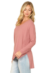 Brushed Waffle V Neck Long Sleeve Side Slit Top Mauve Deep - Pack of 6