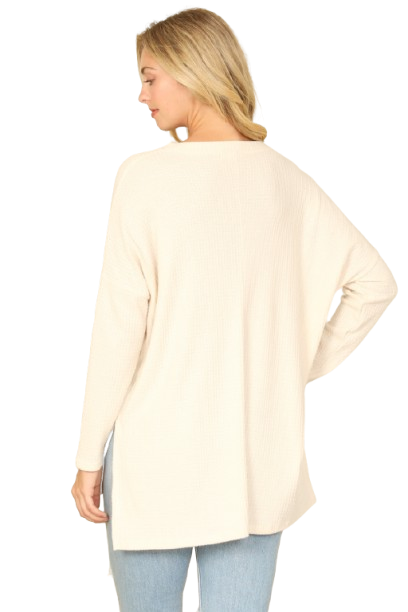 Brushed Waffle V Neck Long Sleeve Side Slit Top Natural - Pack of 6