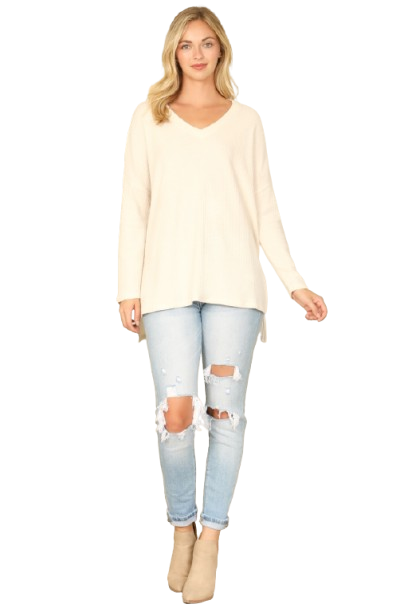 Brushed Waffle V Neck Long Sleeve Side Slit Top Natural - Pack of 6