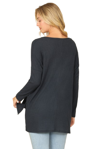 Brushed Waffle V Neck Long Sleeve Side Slit Top Navy - Pack of 6