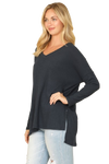 Brushed Waffle V Neck Long Sleeve Side Slit Top Navy - Pack of 6