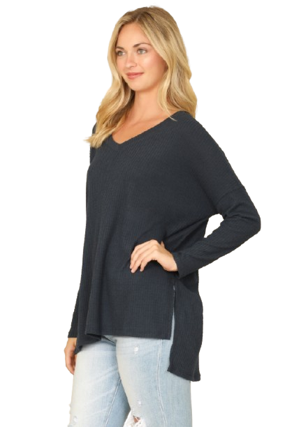 Brushed Waffle V Neck Long Sleeve Side Slit Top Navy - Pack of 6