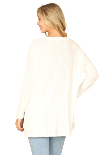 Brushed Waffle V Neck Long Sleeve Side Slit Top Off White - Pack of 6