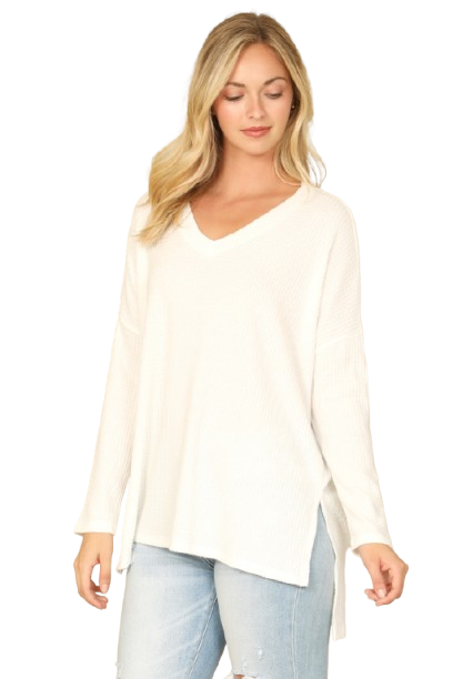Brushed Waffle V Neck Long Sleeve Side Slit Top Off White - Pack of 6