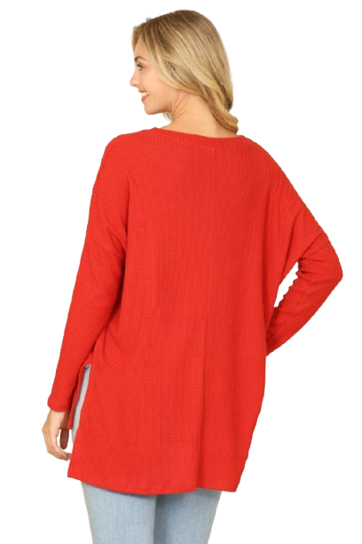 Brushed Waffle V Neck Long Sleeve Side Slit Top Rust - Pack of 6