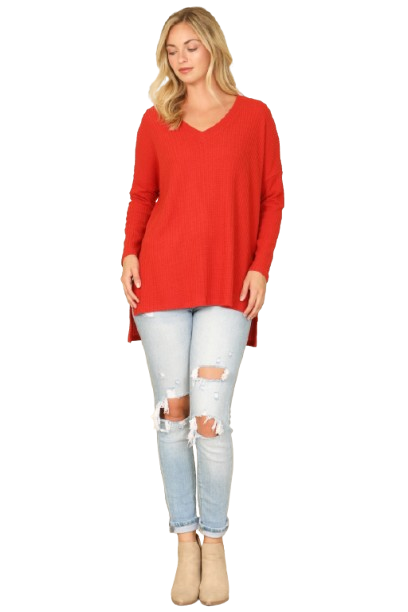 Brushed Waffle V Neck Long Sleeve Side Slit Top Rust - Pack of 6
