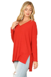 Brushed Waffle V Neck Long Sleeve Side Slit Top Rust - Pack of 6