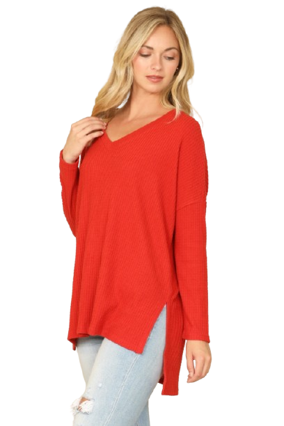 Brushed Waffle V Neck Long Sleeve Side Slit Top Rust - Pack of 6
