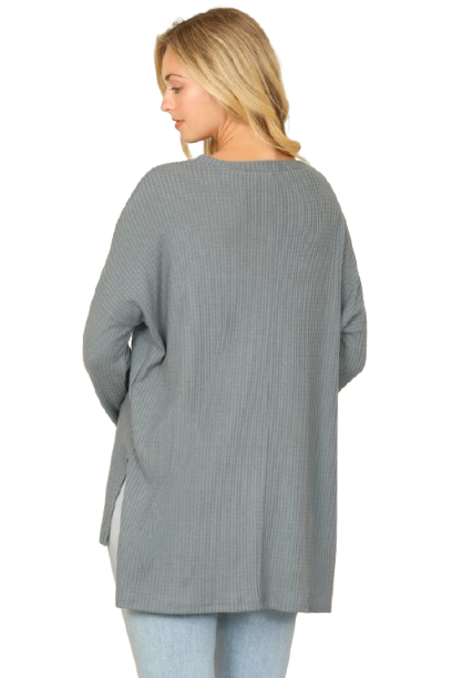 Brushed Waffle V Neck Long Sleeve Side Slit Top Teal Denim - Pack of 6