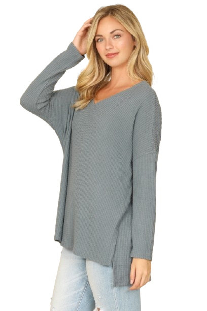 Brushed Waffle V Neck Long Sleeve Side Slit Top Teal Denim - Pack of 6