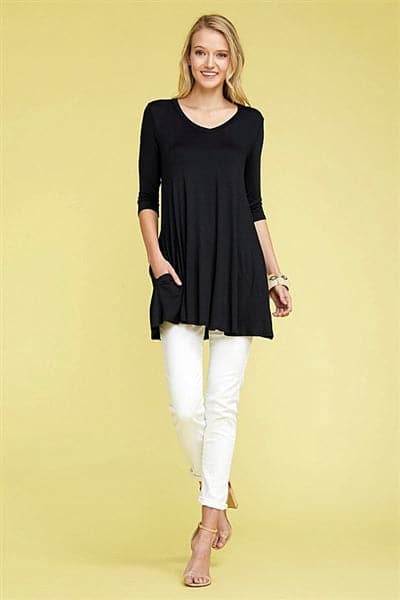 V-Neck 3 Quarter Sleeve Side Pocket Tunic Black - Pack of 6