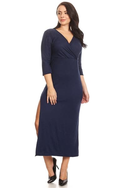 Wholesale Plus Size Side Slit V-Neck Midi Dress Navy for Sale Wholesale Plus Size Side Slit V-Neck Midi Dress Navy for Sale