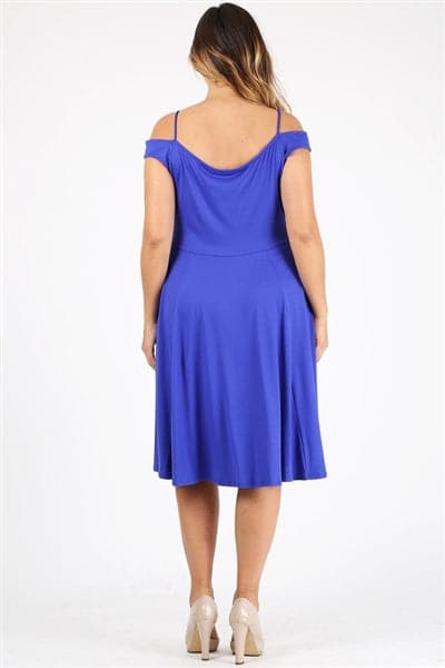knee length royal blue dress plus size Rometta Plus Size Women's Royal Blue Knee Length Flared Dress With Scallop Details And Half Puff Sleeves