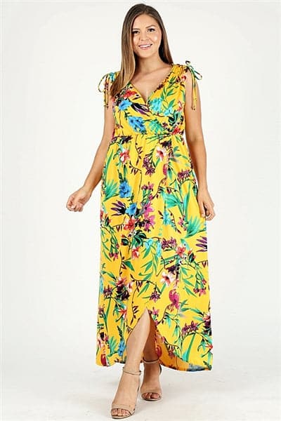 Plus Size Faux Wrap Floral Print Maxi Dress Mustard Royal - Pack of 6