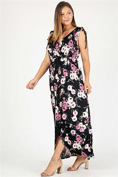 Plus Size Faux Wrap Floral Print Maxi Dress Black Mauve - Pack of 6