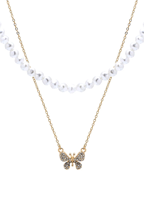 Pearl & Butterfly Statement Layered Necklace White Gold - Pack of 6