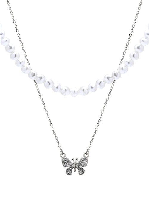 Pearl & Butterfly Statement Layered Necklace White Silver - Pack of 6
