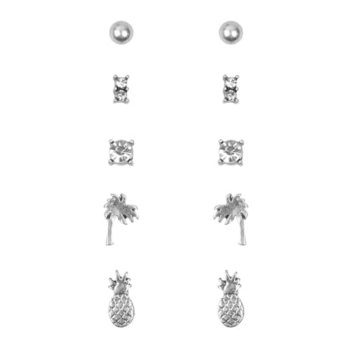 Pineapple Five Stud Earrings Set Silver - Pack of 6