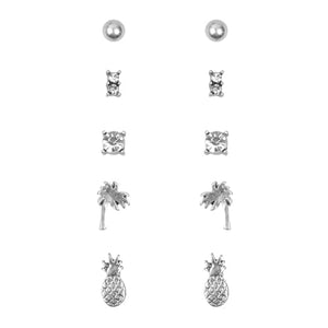 Pineapple Five Stud Earrings Set Silver - Pack of 6