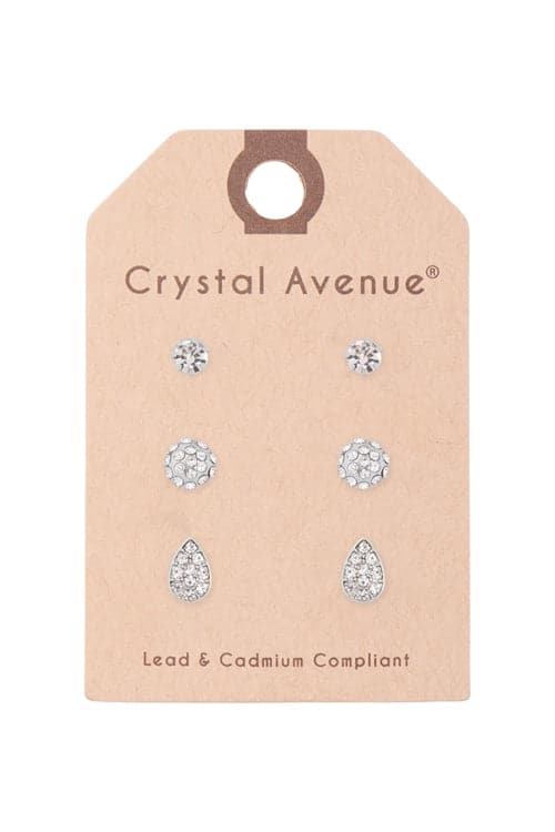 Set Round Teardrop Pave Rhinestone Stud Earrings Crystal Silver - Pack of 6