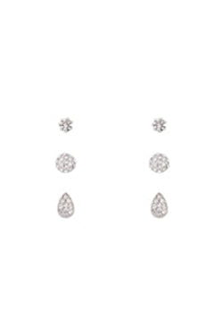 Set Round Teardrop Pave Rhinestone Stud Earrings Crystal Silver - Pack of 6