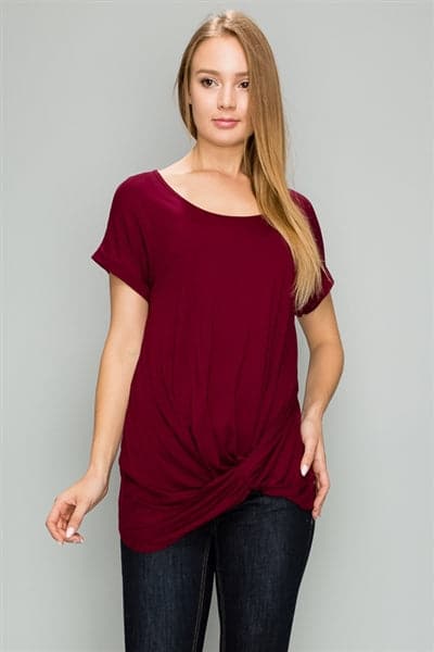 Knot-Front Short Sleeve Top Burgundy - Pack of 6