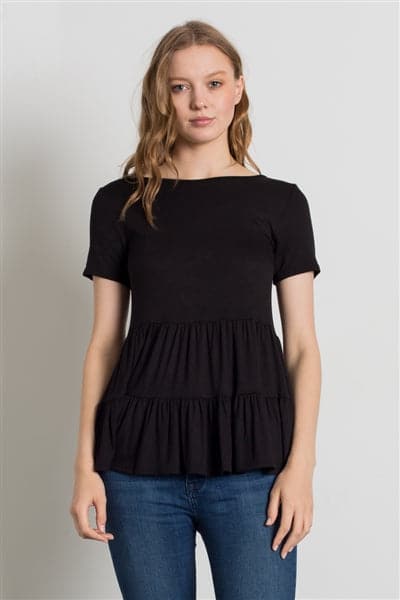 Round Neck Ruffle Detail Top Black - Pack of 6